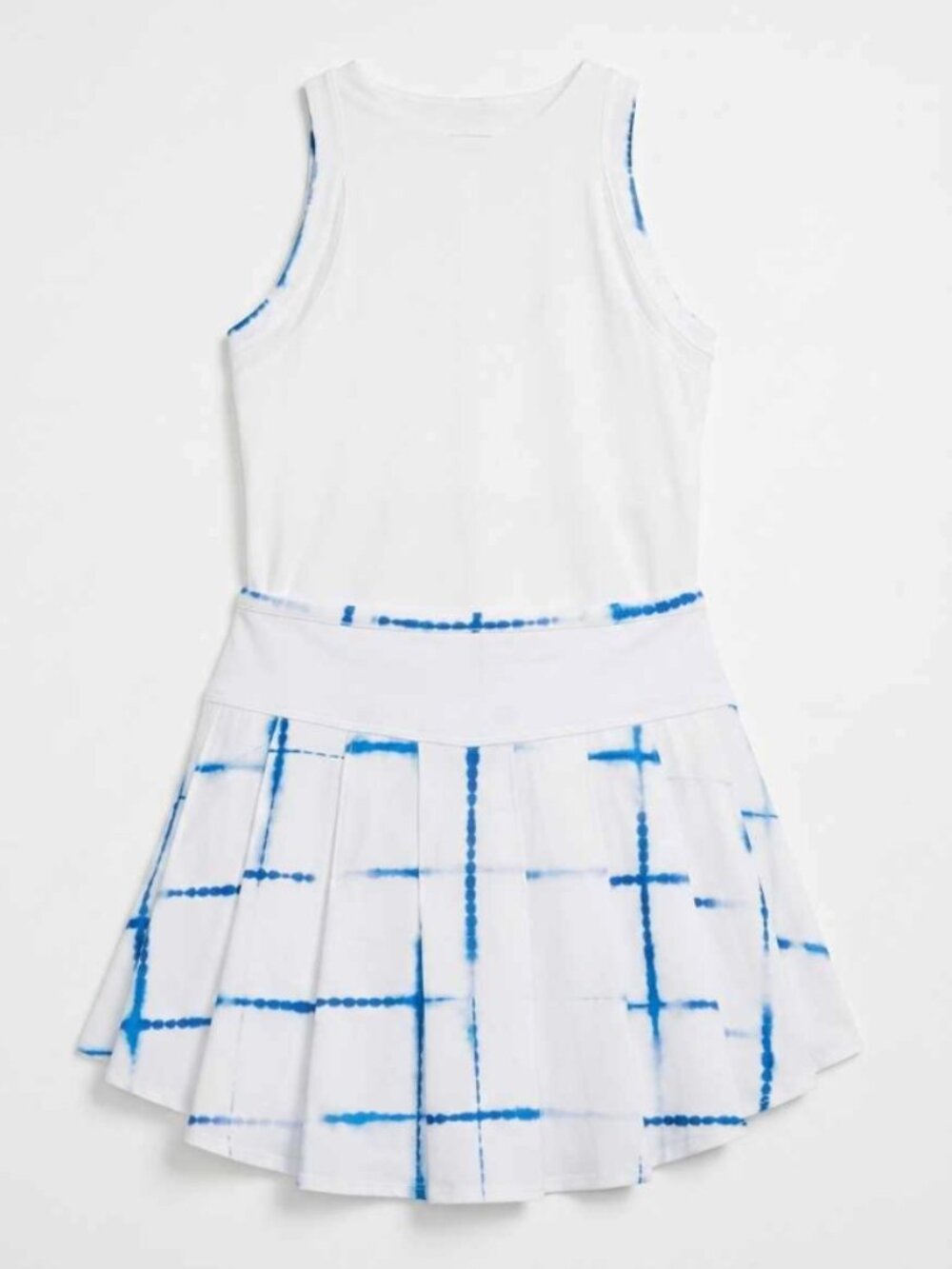 LUCKY IN LOVE SHIBORI PLAID WHITE WITH ROYAL BLUE PRINT TENNIS TOP + SKIRT